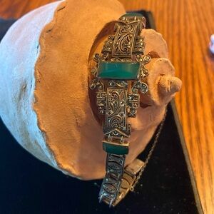 Vintage Sterling Marcasite  and Green Onyx Bracelet